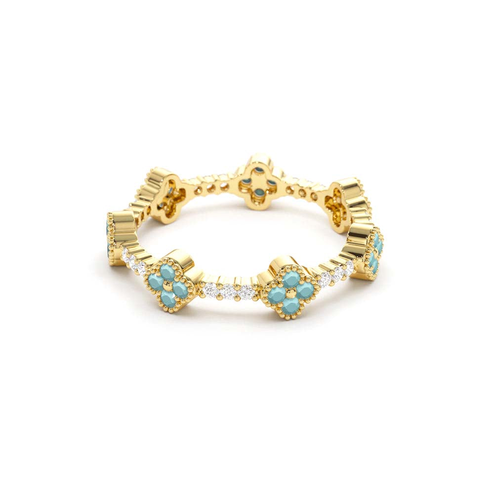 Full Eternity Clover Turquoise and Diamond Ring in 14K Gold — view 2