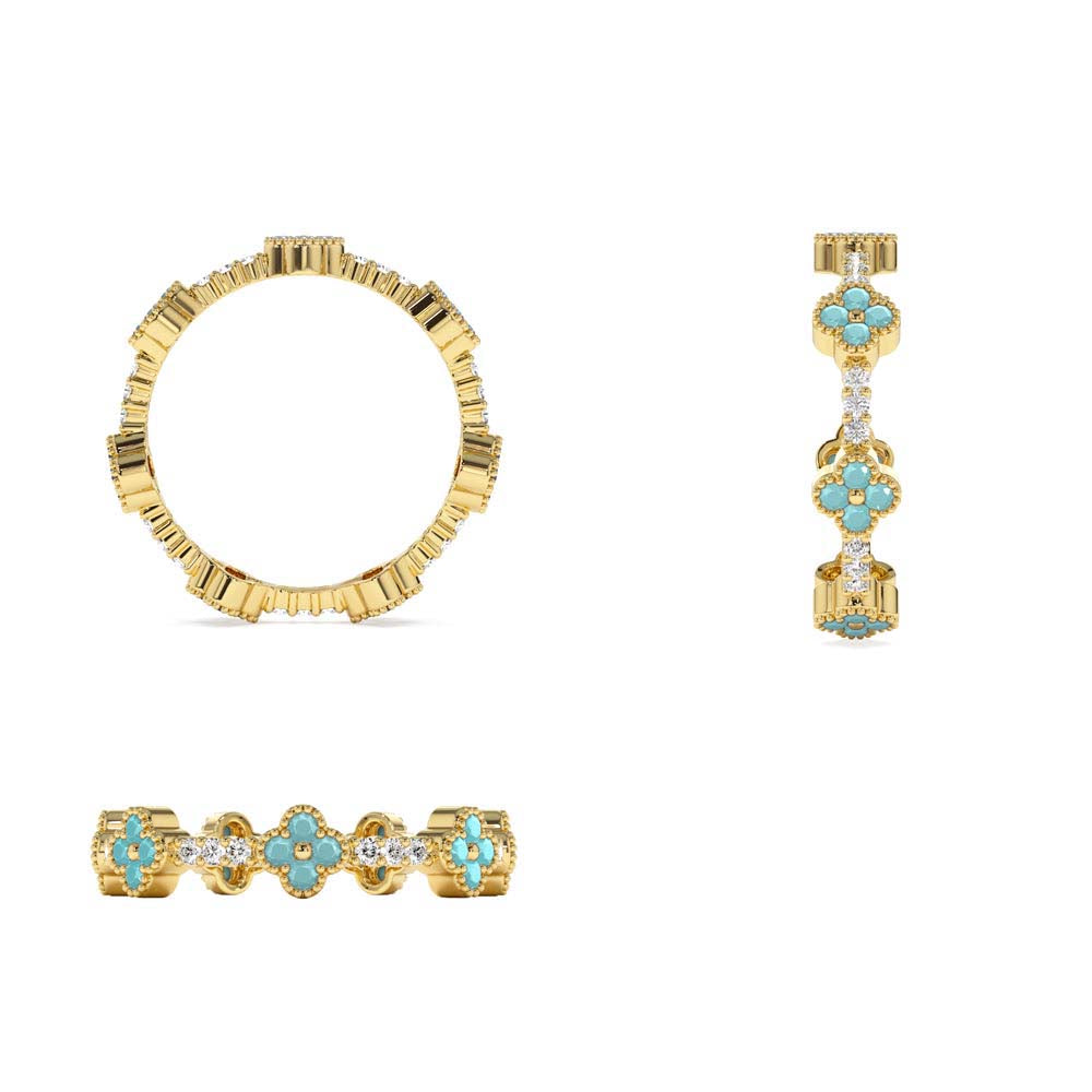 Full Eternity Clover Turquoise and Diamond Ring in 14K Gold — view 3