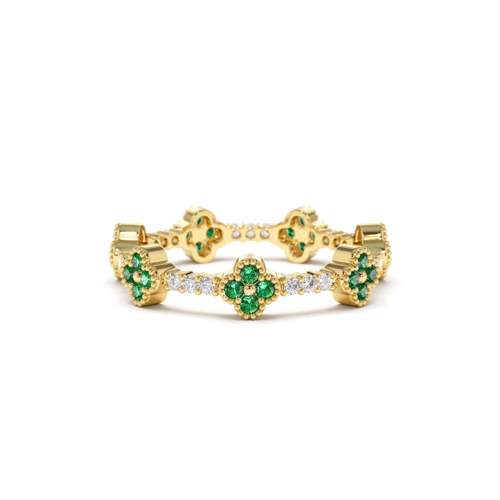 Full Eternity Clover Emerald and Diamond Ring in 14K Gold — view 1
