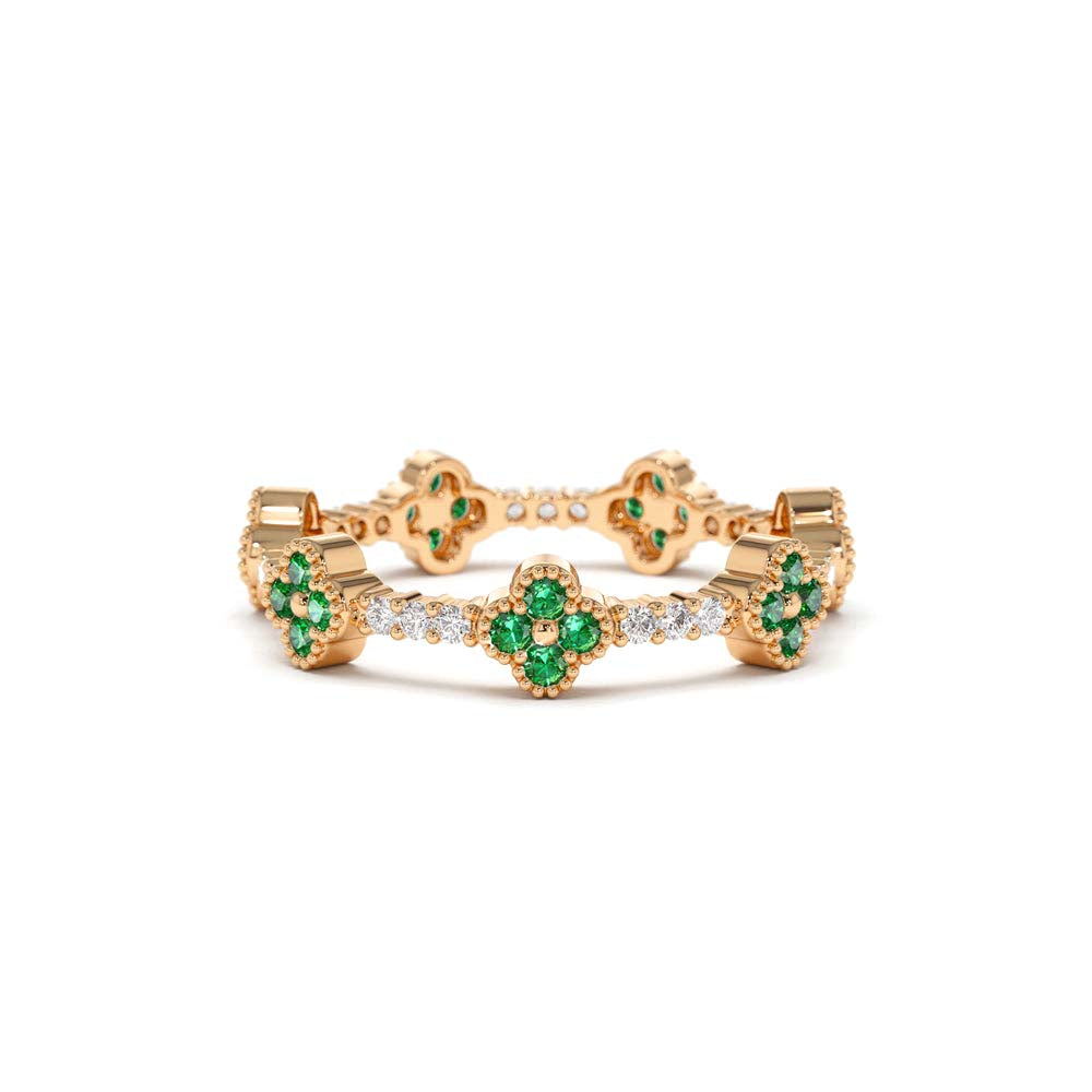Full Eternity Clover Emerald and Diamond Ring in 14K Gold — view 5