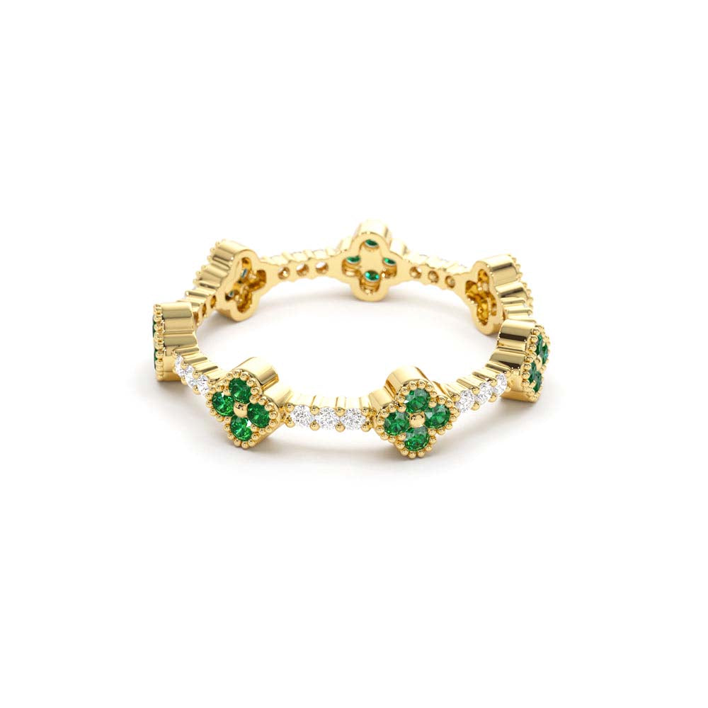Full Eternity Clover Emerald and Diamond Ring in 14K Gold — view 2