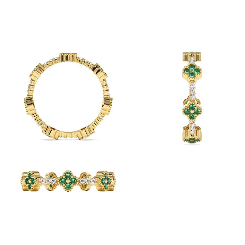 Full Eternity Clover Emerald and Diamond Ring in 14K Gold — view 3