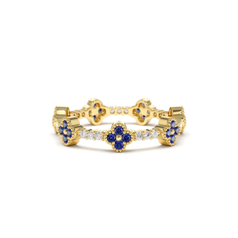 Full Eternity Clover Sapphire and Diamond Ring in 14K Gold — view 1