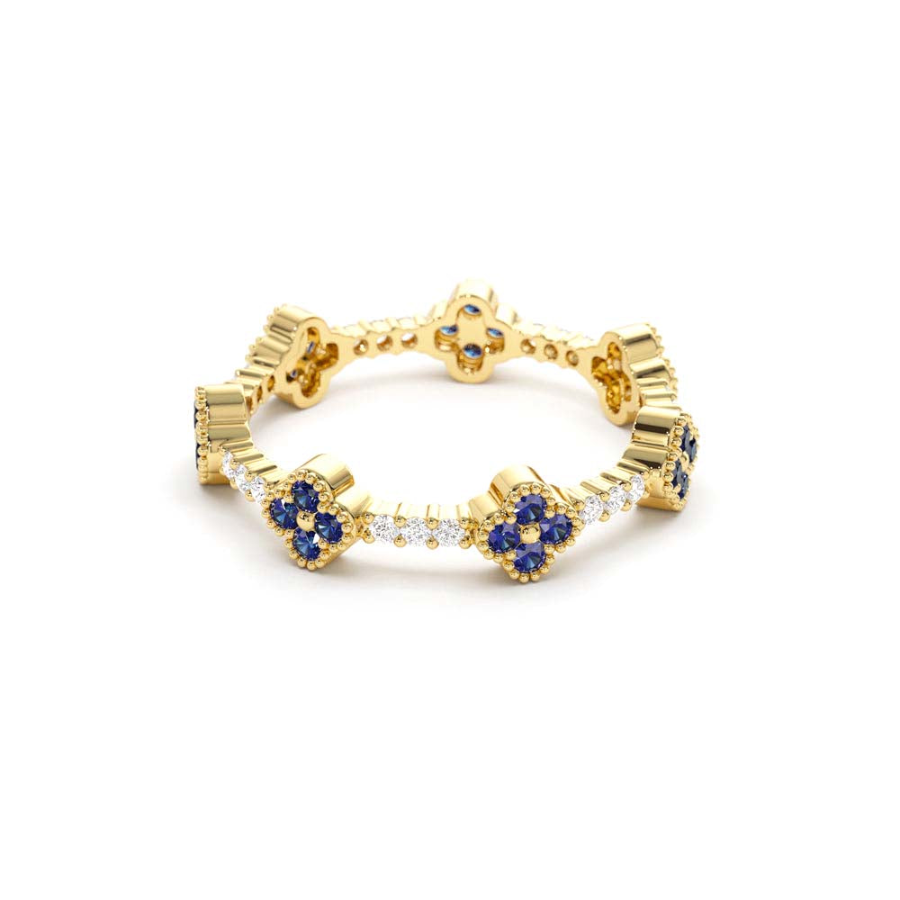 Full Eternity Clover Sapphire and Diamond Ring in 14K Gold — view 2