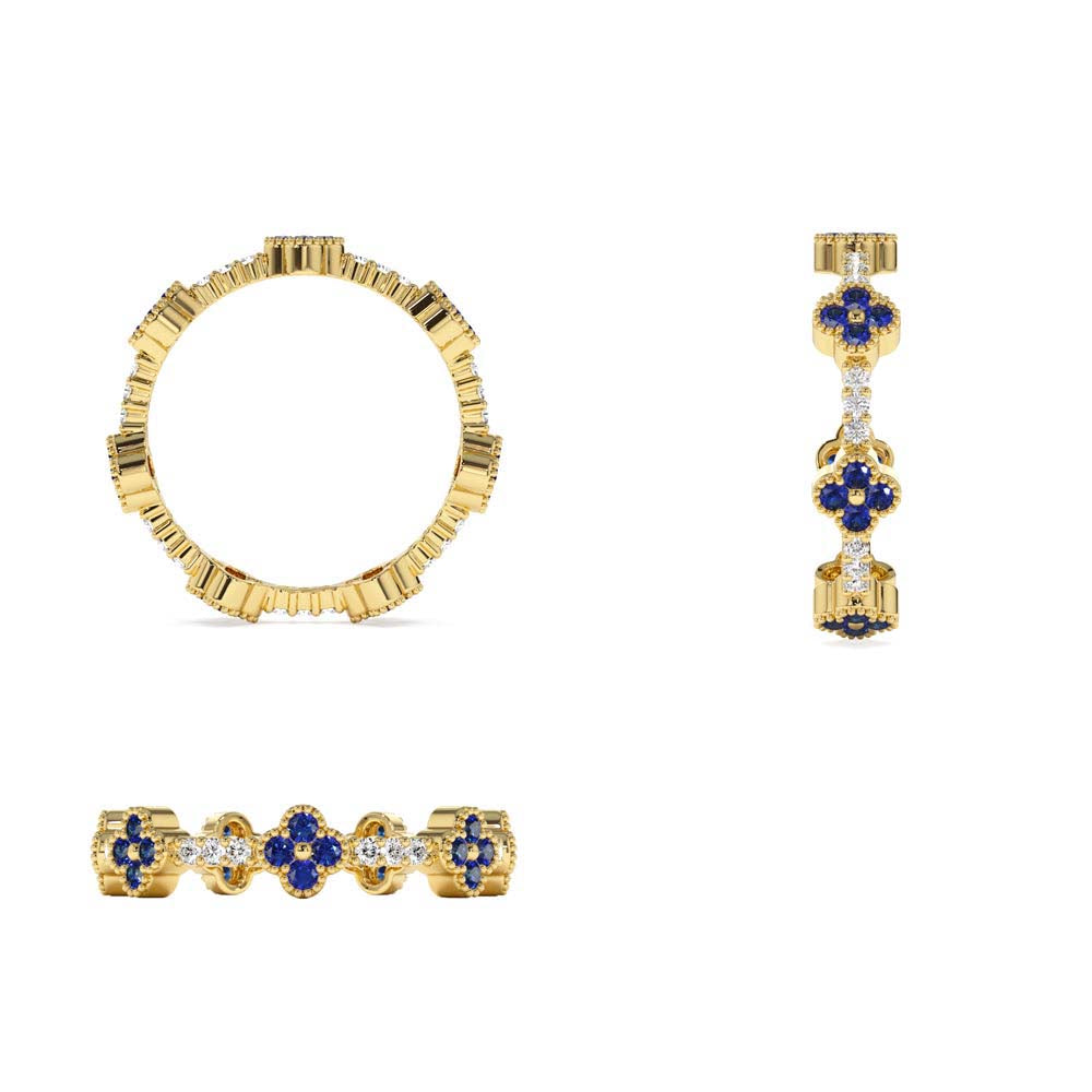 Full Eternity Clover Sapphire and Diamond Ring in 14K Gold — view 3
