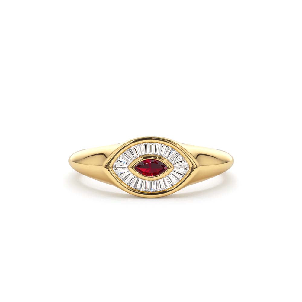 Marquise Shaped Ruby and Baguette Diamond Ring in 14K Gold — view 1