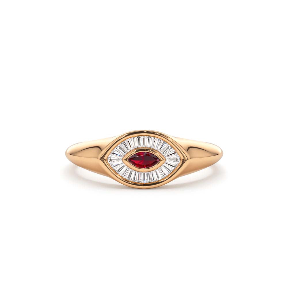 Marquise Shaped Ruby and Baguette Diamond Ring in 14K Gold — view 5