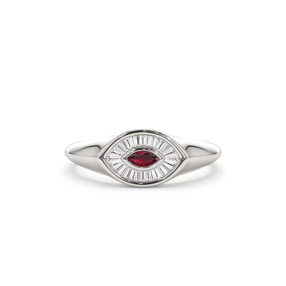 Marquise Shaped Ruby and Baguette Diamond Ring in 14K Gold — view 4