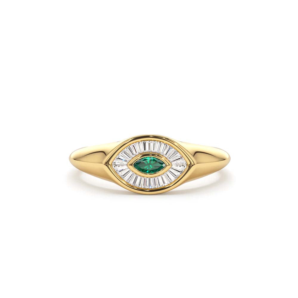 Marquise Shaped Emerald and Baguette Diamond Ring in 14K Gold — view 1