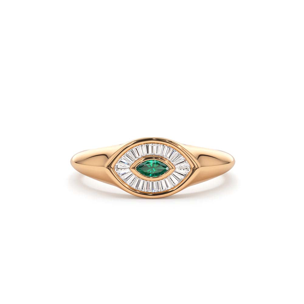 Marquise Shaped Emerald and Baguette Diamond Ring in 14K Gold — view 5