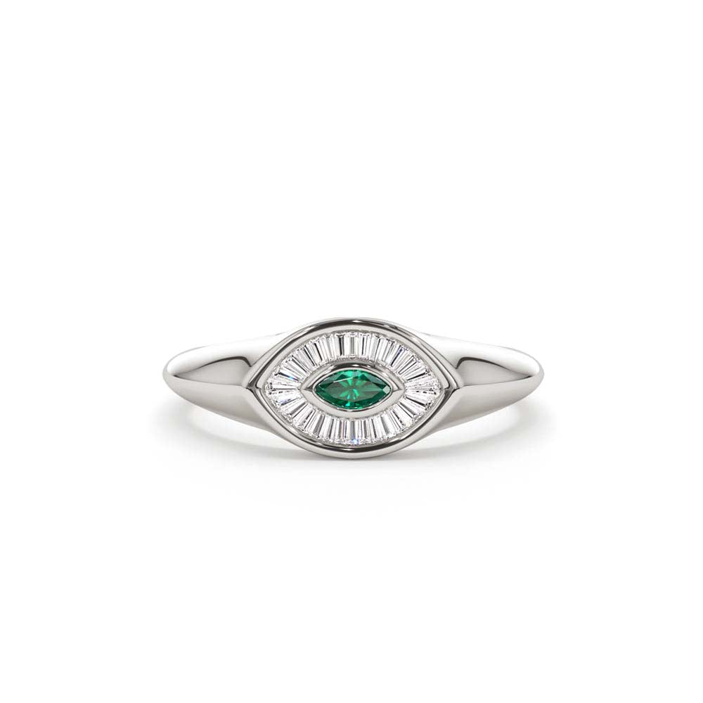 Marquise Shaped Emerald and Baguette Diamond Ring in 14K Gold — view 4