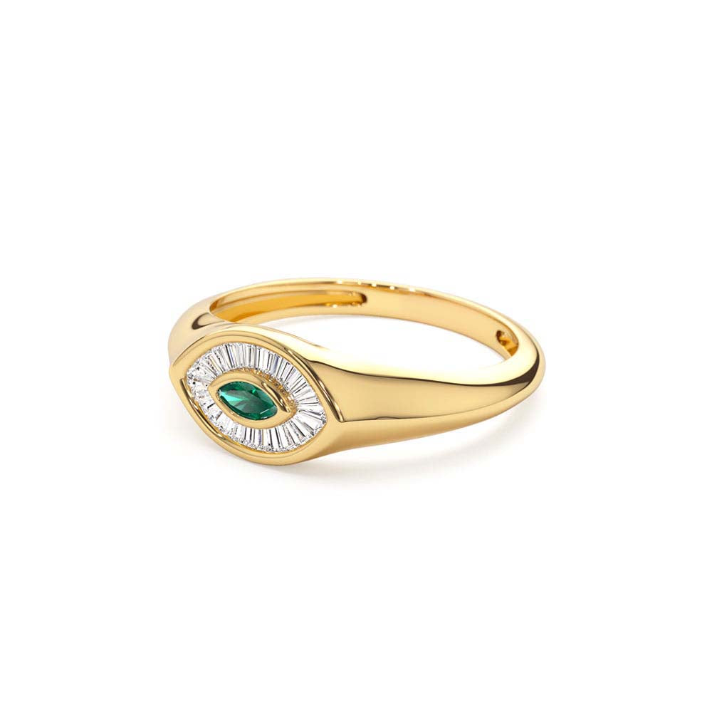 Marquise Shaped Emerald and Baguette Diamond Ring in 14K Gold — view 2