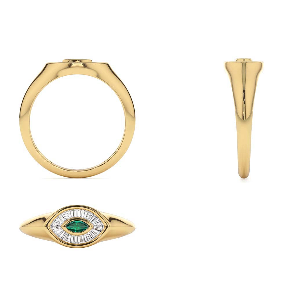 Marquise Shaped Emerald and Baguette Diamond Ring in 14K Gold — view 3