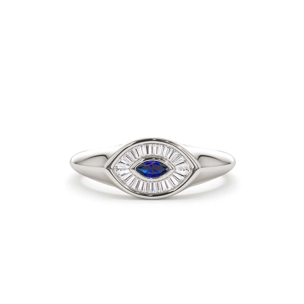 Marquise Shaped Sapphire and Baguette Diamond Ring in 14K Gold — view 3