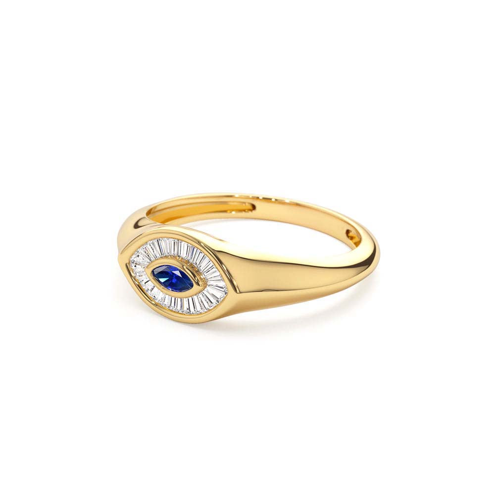 Marquise Shaped Sapphire and Baguette Diamond Ring in 14K Gold — view 2