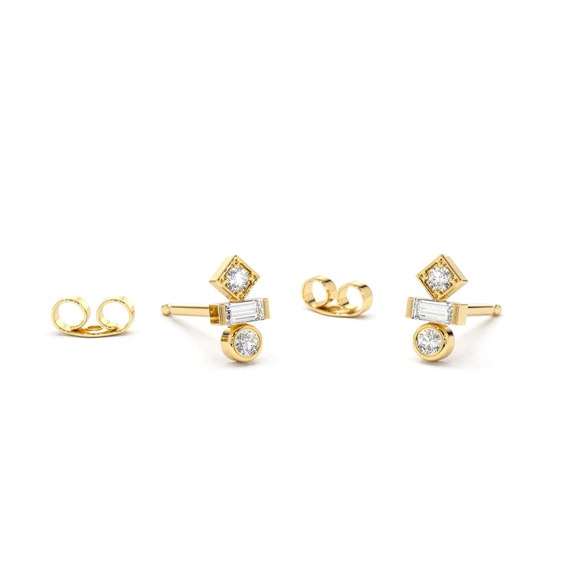 Baguette and Round Cut Mix Diamond Earrings in 14K Gold — view 1