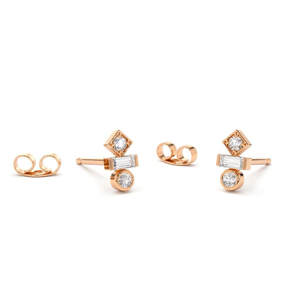 Baguette and Round Cut Mix Diamond Earrings in 14K Gold — view 3