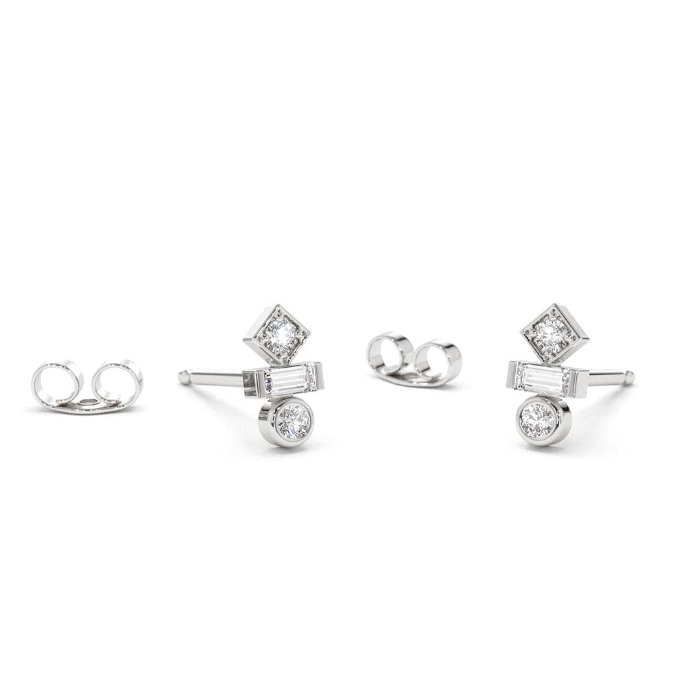 Baguette and Round Cut Mix Diamond Earrings in 14K Gold — view 2