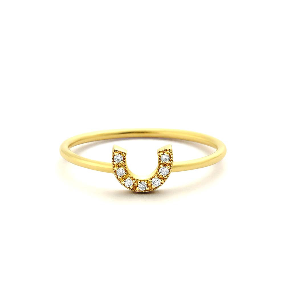 Horseshoe Ring with Round Cut White Diamonds in 14K Gold — view 1