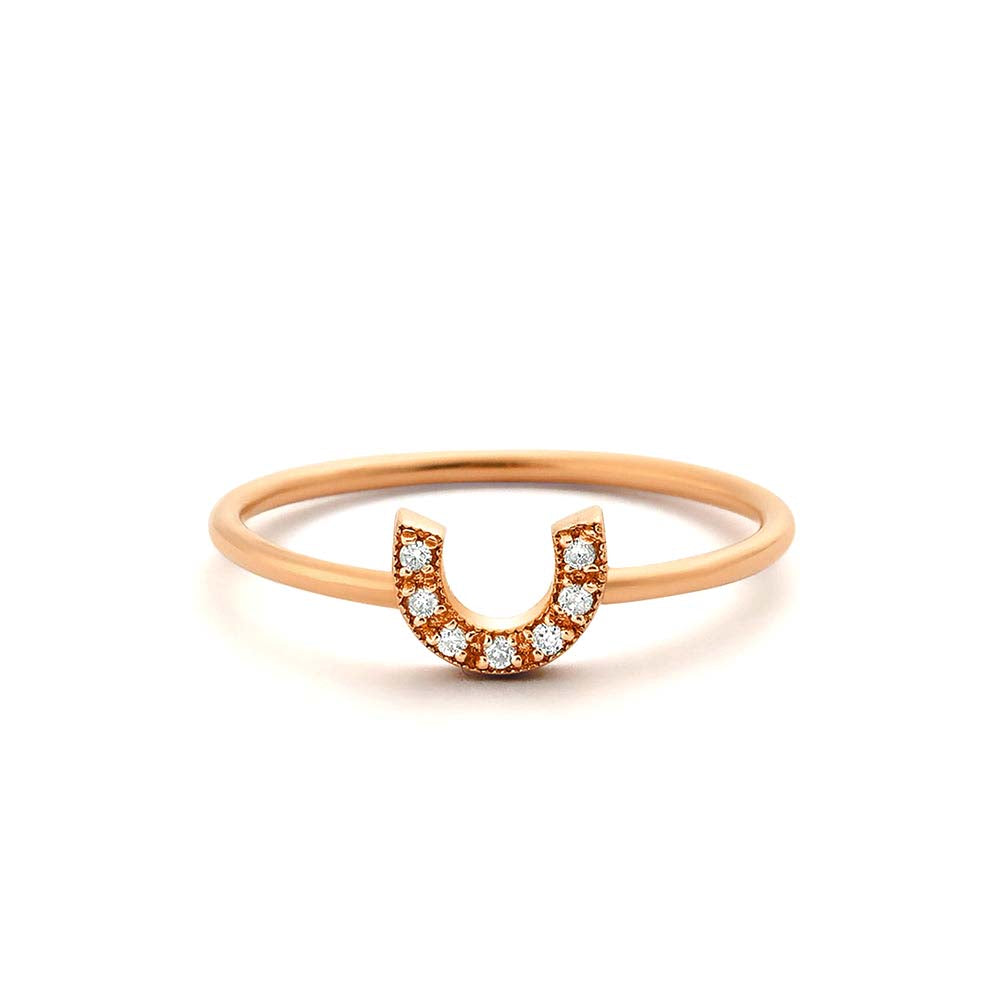 Horseshoe Ring with Round Cut White Diamonds in 14K Gold — view 5