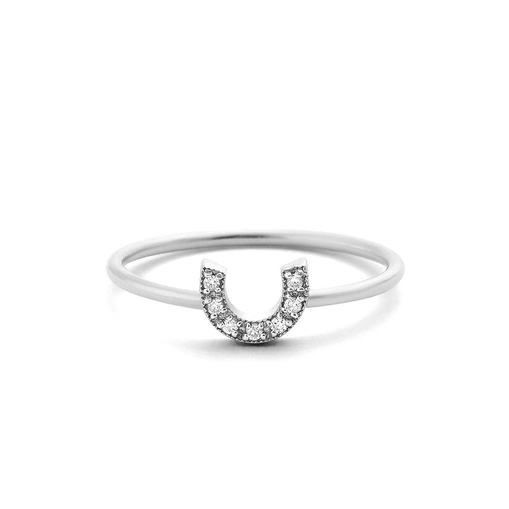 Horseshoe Ring with Round Cut White Diamonds in 14K Gold — view 4