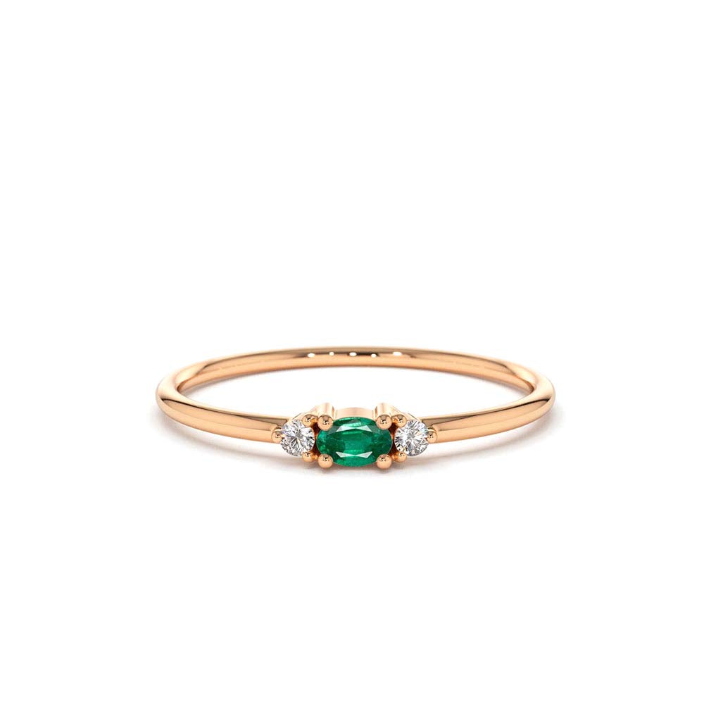 Mini Oval Emerald Ring with Diamonds in 14K Gold — view 3