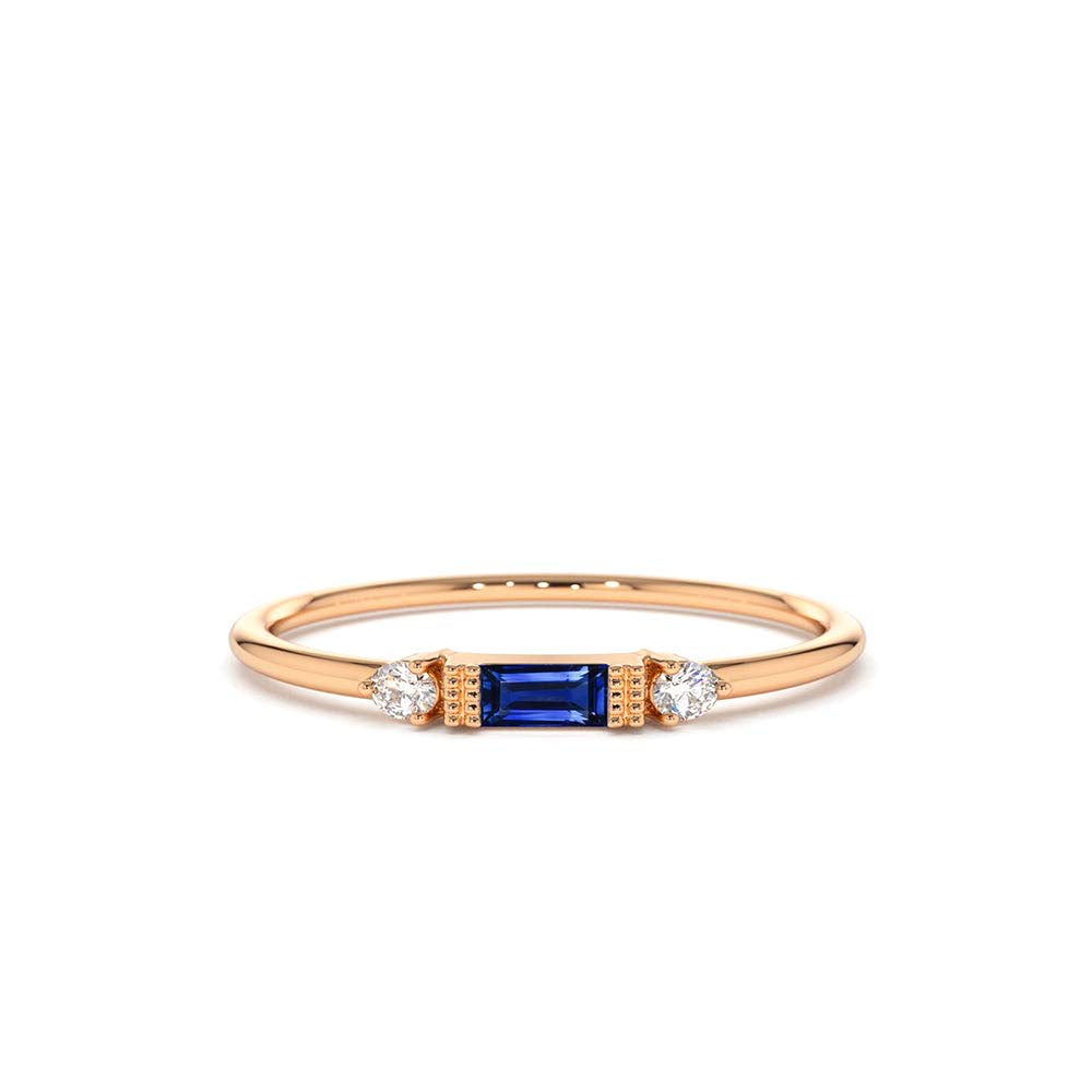 Baguette Blue Sapphire with Diamond Ring in 14K Gold — view 3