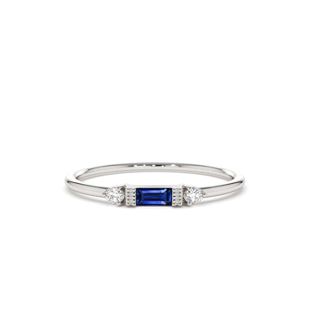 Baguette Blue Sapphire with Diamond Ring in 14K Gold — view 2