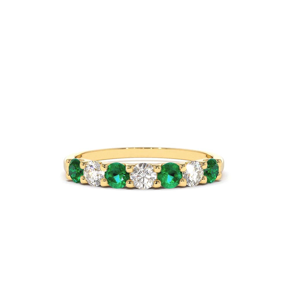 Alternating Emerald and Diamond Wedding Band in 14K Gold — view 1