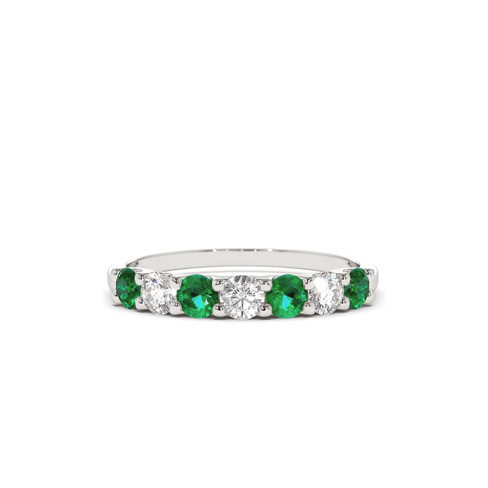 Alternating Emerald and Diamond Wedding Band in 14K Gold — view 3