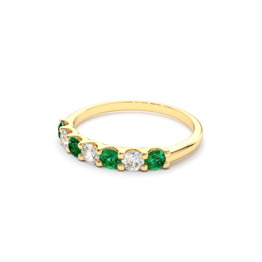 Alternating Emerald and Diamond Wedding Band in 14K Gold — view 2