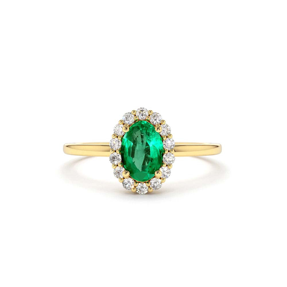 Oval Cut Emerald Halo Diamond Ring in 14K Gold — view 1