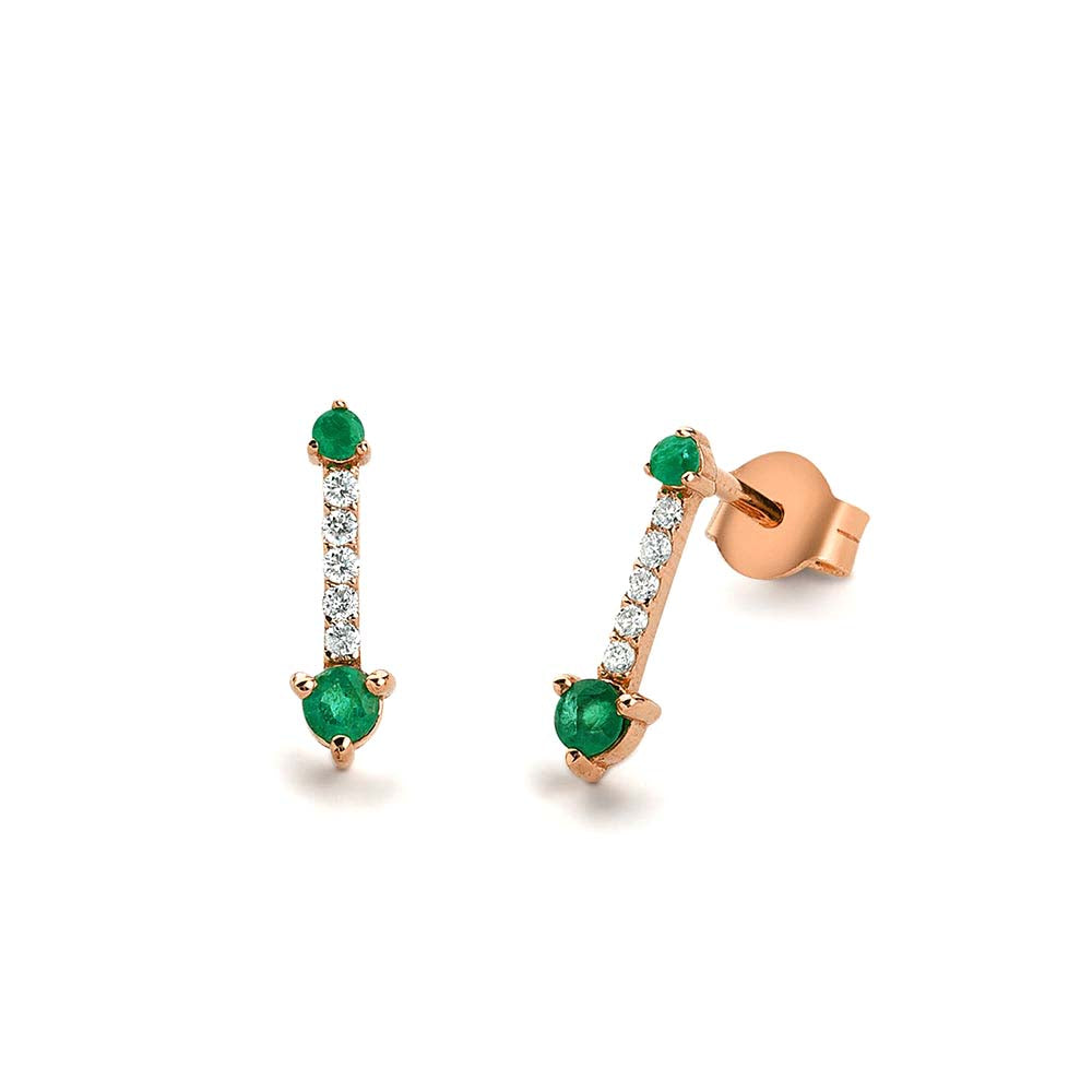Round Emerald and Diamond Earrings in 14K Gold — view 2