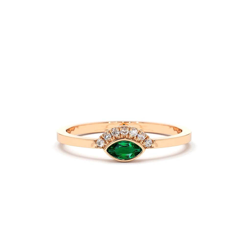 Marquise Emerald Eye Diamond Ring in 14K Gold — view 4