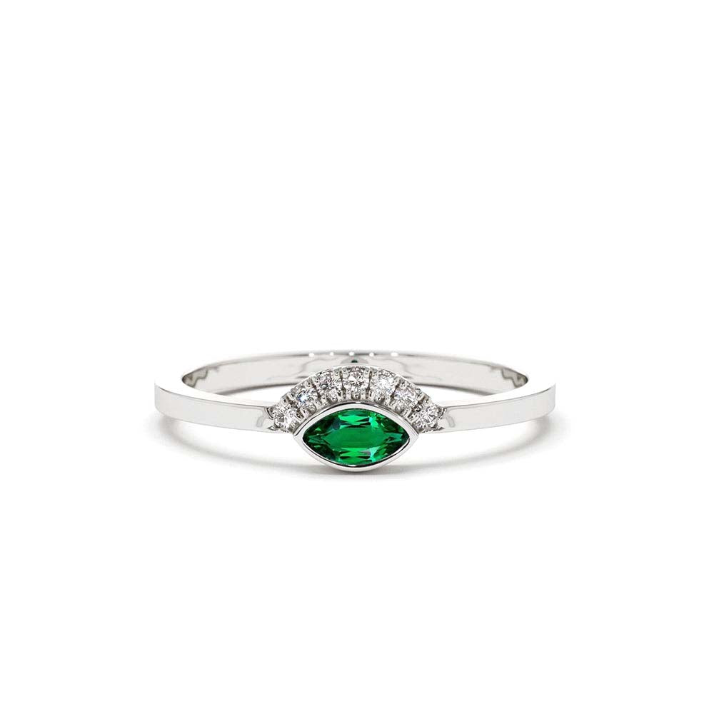 Marquise Emerald Eye Diamond Ring in 14K Gold — view 3