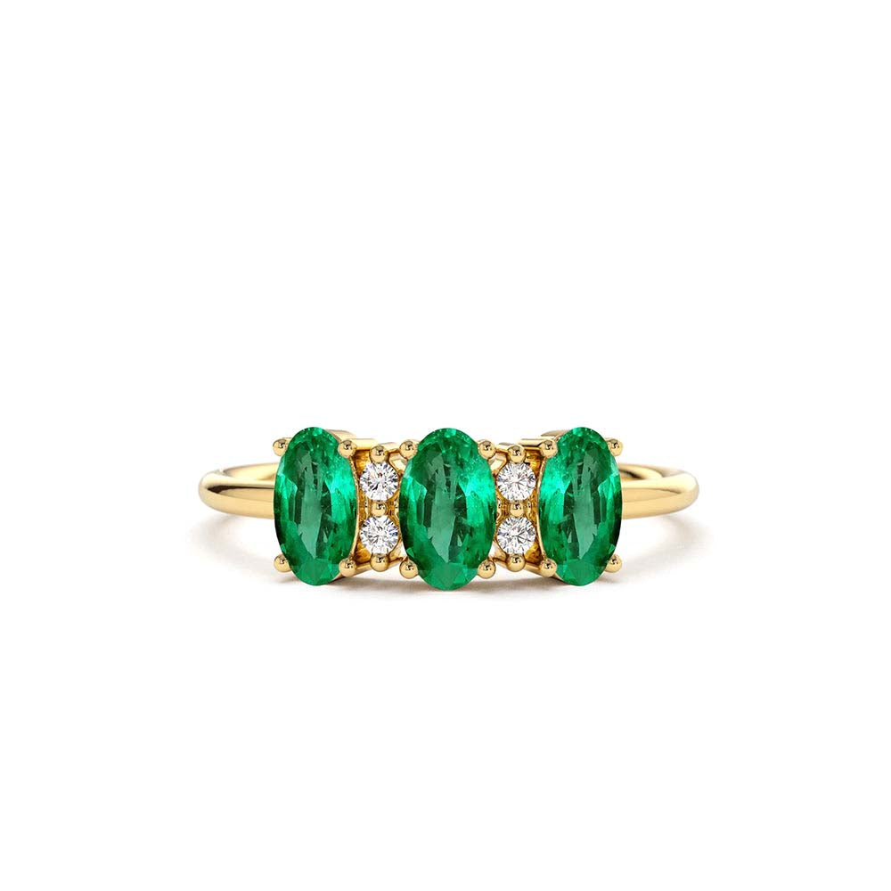 Triple Oval Emerald Diamond Ring in 14K Gold — view 1