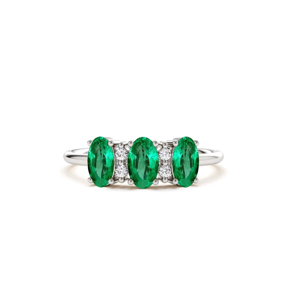 Triple Oval Emerald Diamond Ring in 14K Gold — view 3