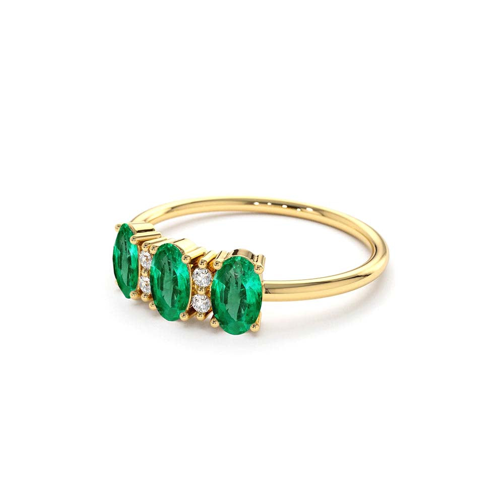 Triple Oval Emerald Diamond Ring in 14K Gold — view 2