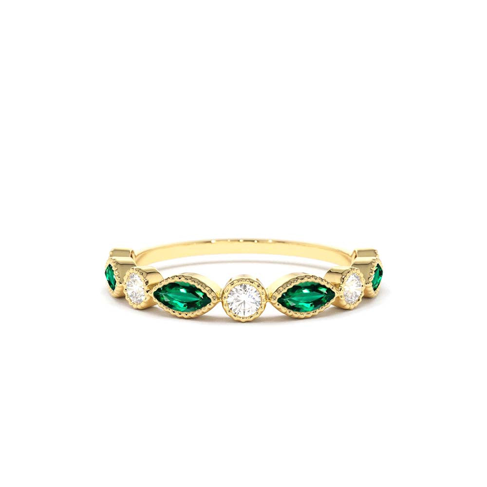 Marquise Emerald and Diamond Wedding Band in 14K Gold — view 1
