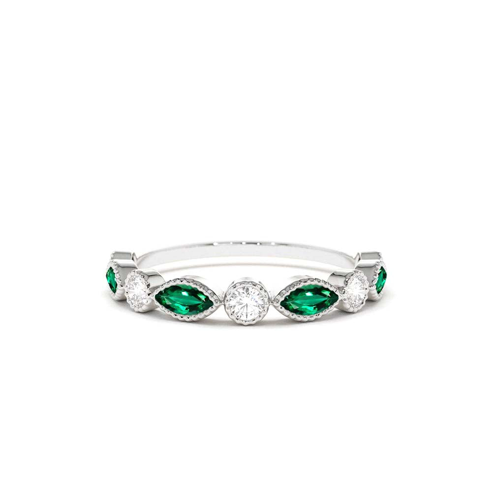 Marquise Emerald and Diamond Wedding Band in 14K Gold — view 3