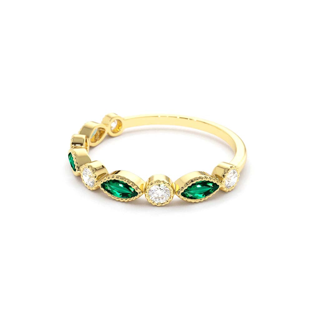 Marquise Emerald and Diamond Wedding Band in 14K Gold — view 2