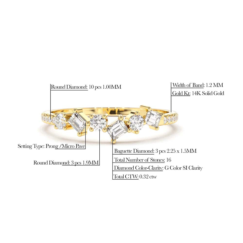 Asymmetrical Baguette and Round Diamond Wedding Ring in 14K Gold — view 2