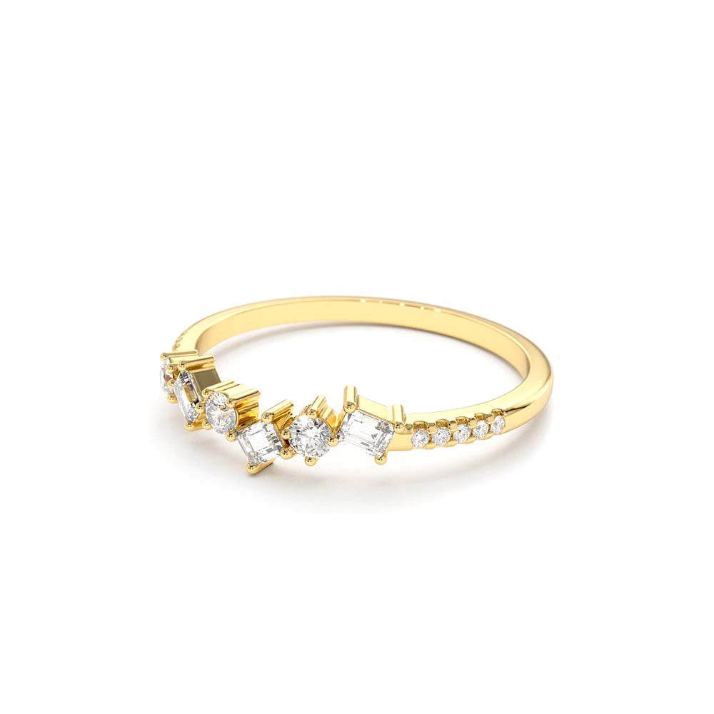 Asymmetrical Baguette and Round Diamond Wedding Ring in 14K Gold — view 3