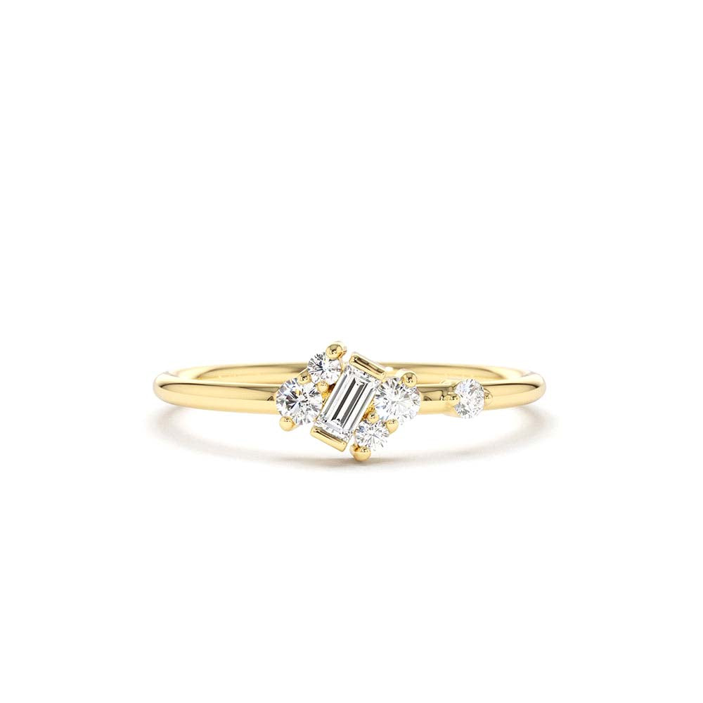 Slanted Baguette and Round Diamond Ring in 14K Gold — view 1