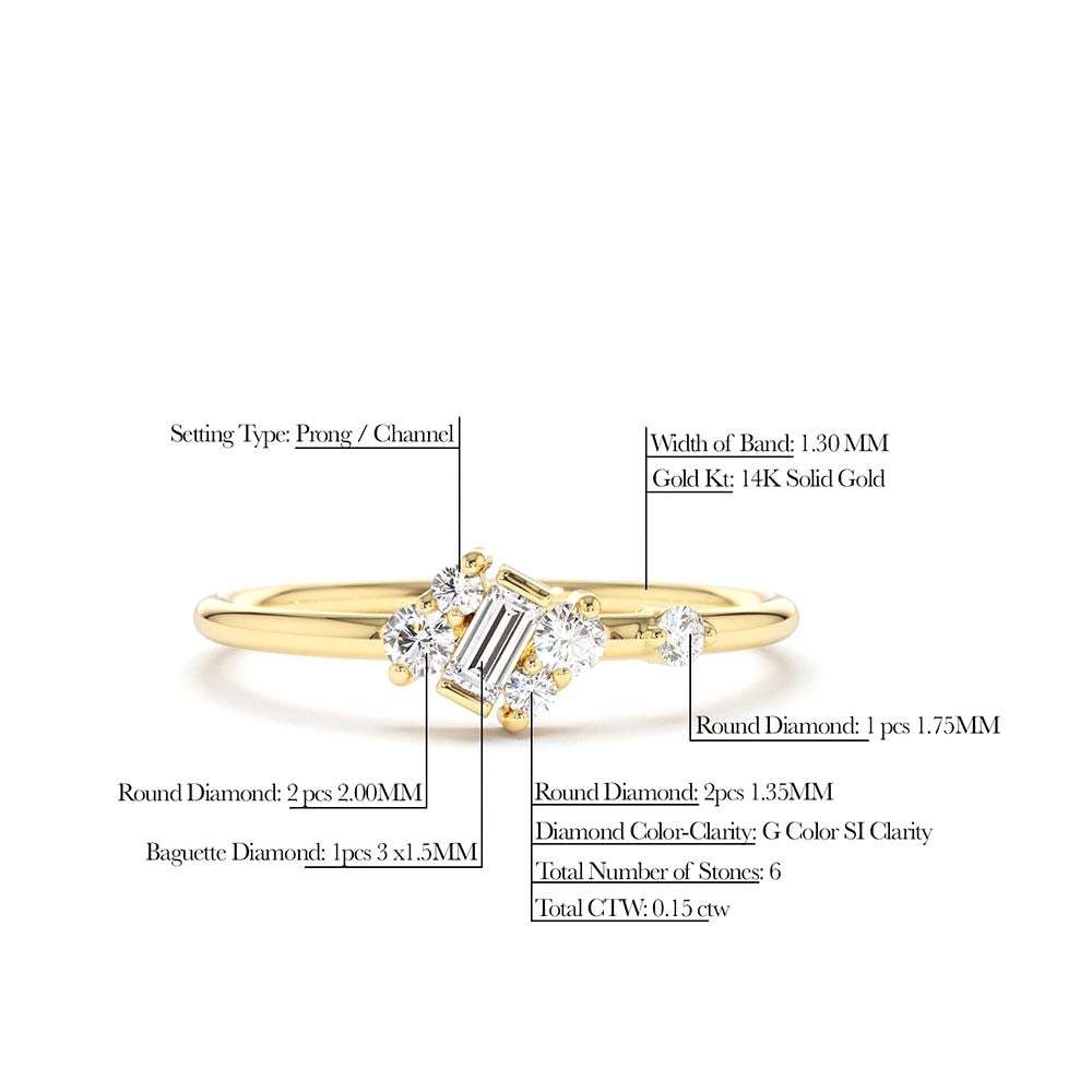 Slanted Baguette and Round Diamond Ring in 14K Gold — view 2