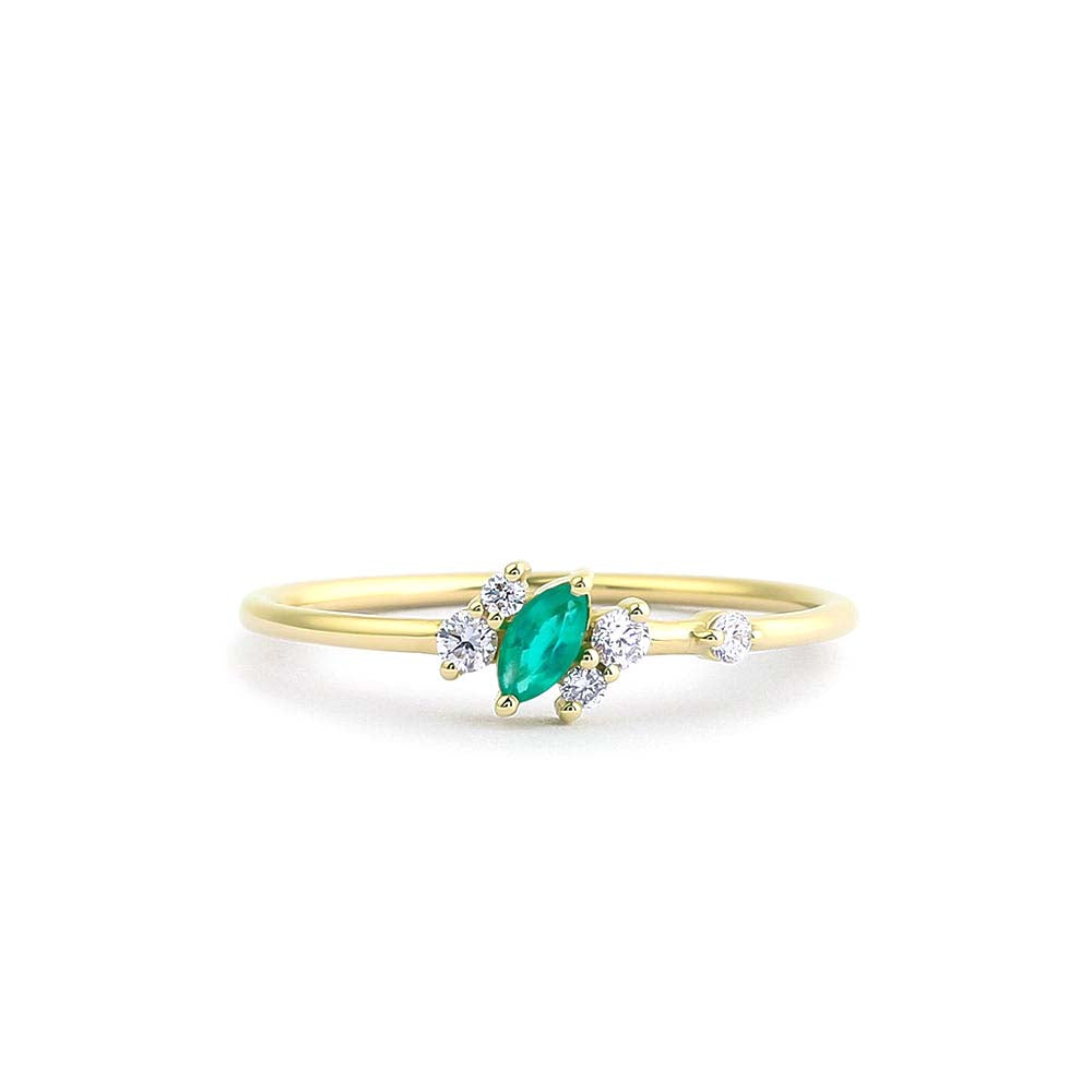 Slanted Marquise Emerald and Diamond Ring in 14K Gold — view 1