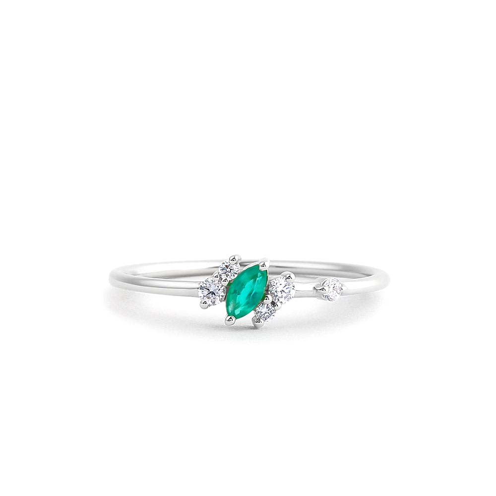 Slanted Marquise Emerald and Diamond Ring in 14K Gold — view 3