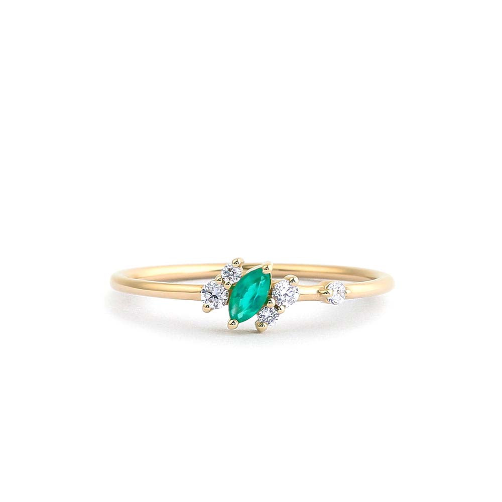 Slanted Marquise Emerald and Diamond Ring in 14K Gold — view 4