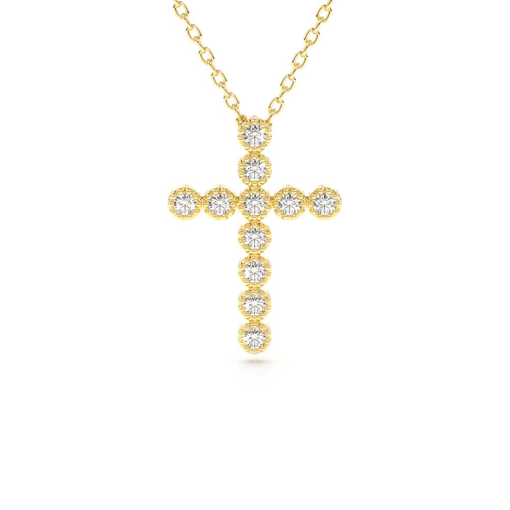 Bezel Setting With Milgrain Diamond Cross Necklace in 14K Gold — view 1