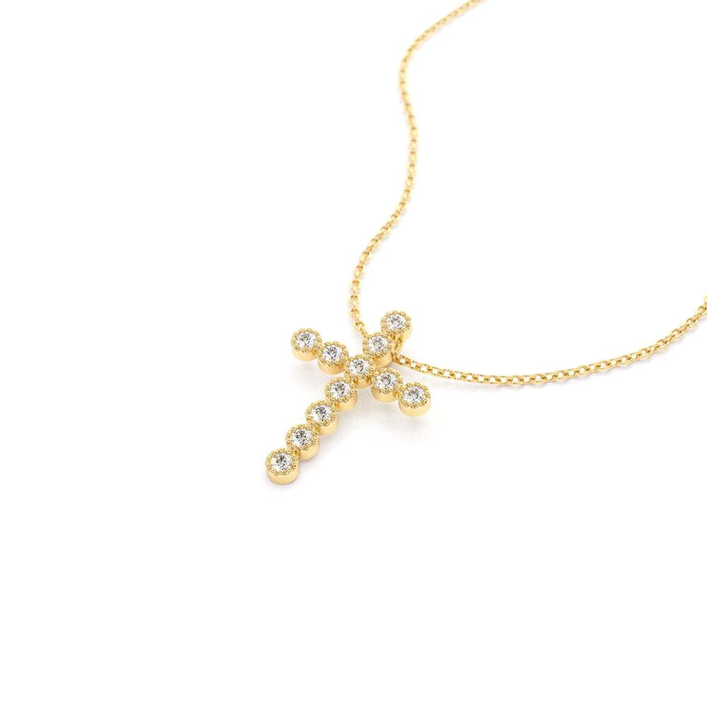 Bezel Setting With Milgrain Diamond Cross Necklace in 14K Gold — view 2